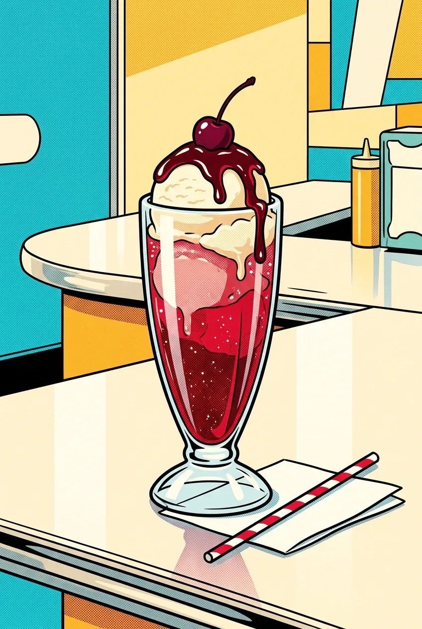 Cherry cream soda float with vanilla ice cream, cherry syrup, striped straw, and cherry garnish on a retro diner counter in Pop Art style.