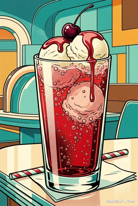 Close three-quarter view of a cherry cream soda float with vanilla ice cream, bubbling red soda, cherry garnish, and striped straw on a Retro Pop Art diner counter.