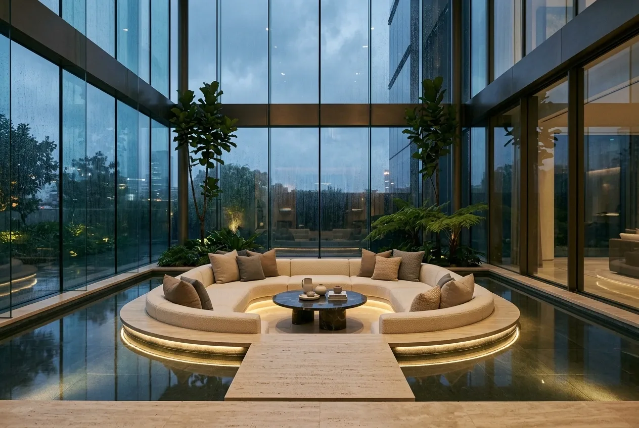 Cinematic sunken lounge inside a rainlit glass atrium with curved cream seating, a dark stone table, indoor trees, and a shallow reflecting pool.