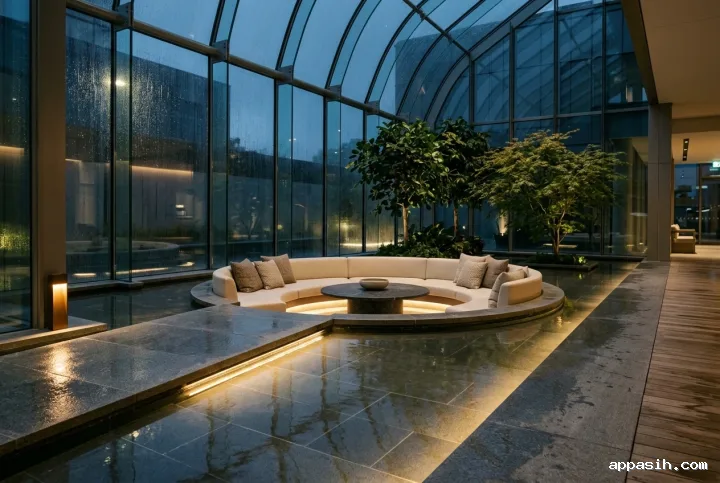 Cinematic three-quarter view of a sunken lounge in a rainy glass atrium, showing curved cream seating, a stone table, indoor trees, warm concealed lighting, and reflections across a shallow pool.
