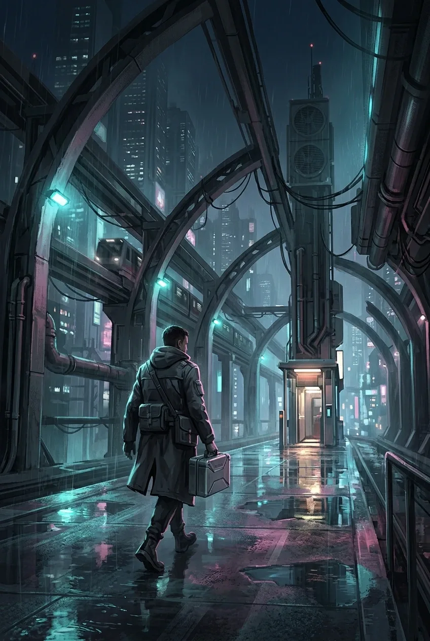 Cyberpunk night courier carrying a sealed metallic case across a rain-flooded elevated transit hub beneath glowing rails and futuristic city towers.