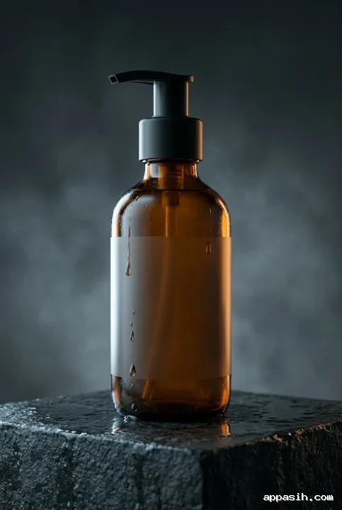 Closer cinematic view of an unbranded amber skincare pump bottle with condensation on the same rain-wet dark stone pedestal and atmospheric mist.