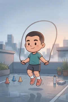 Chibi athlete skipping rope on a wet rooftop fitness court at rainy dawn with cones, a water bottle, and a folded towel.