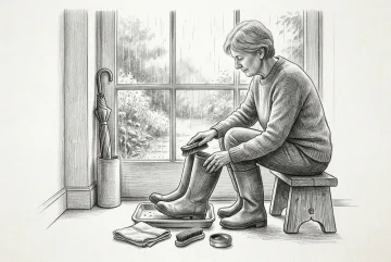 Pencil sketch of an adult cleaning rain-damp leather shoes beside an entryway window on a quiet rainy morning.