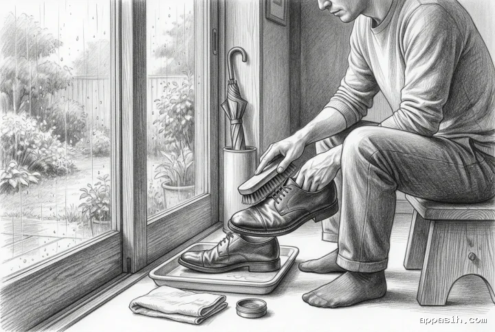Detailed pencil sketch of an adult brushing a rain-damp leather shoe beside an entryway window, with shoe-care tools and a closed umbrella nearby.