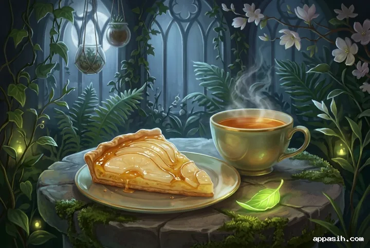Close three-quarter view of a honey-glazed pear tart and steaming herbal tea in a moonlit enchanted greenhouse surrounded by luminous herbs, moss, and fantasy foliage.