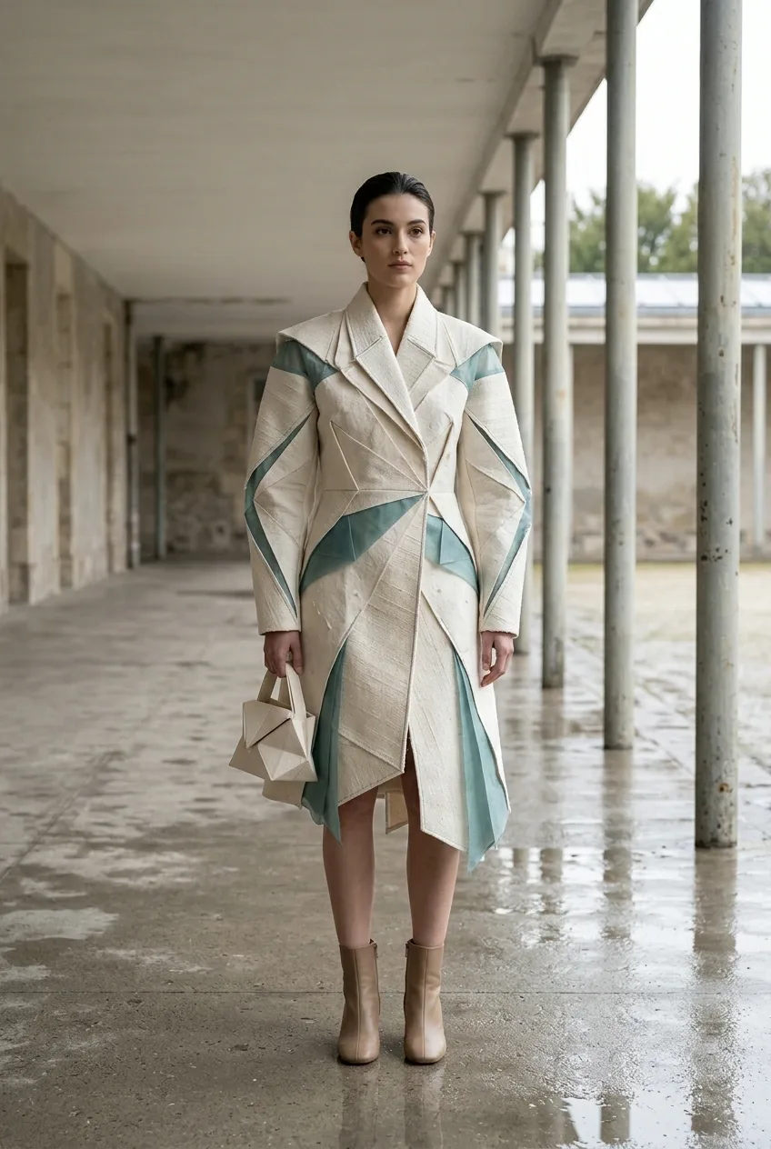 Fashion model in an ivory and muted teal sculptural origami coat made from folded textile and handmade paper panels, standing in a wet concrete arcade.