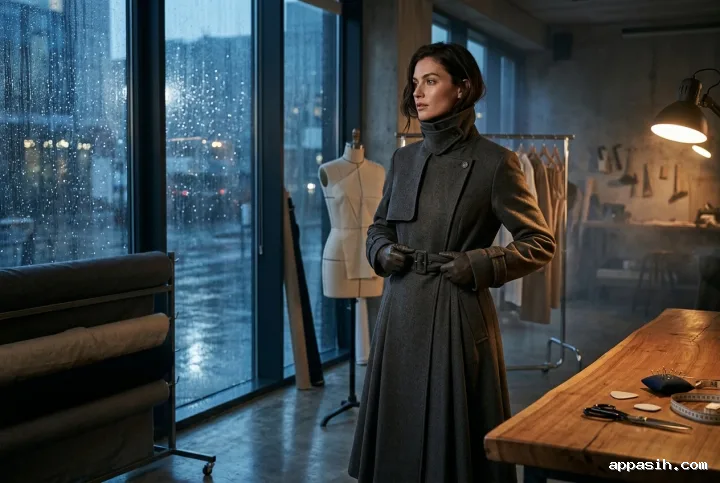 Three-quarter view of a fashion model tightening the belt of a sculptural charcoal trench coat inside a rainy glass-roof tailoring atelier.