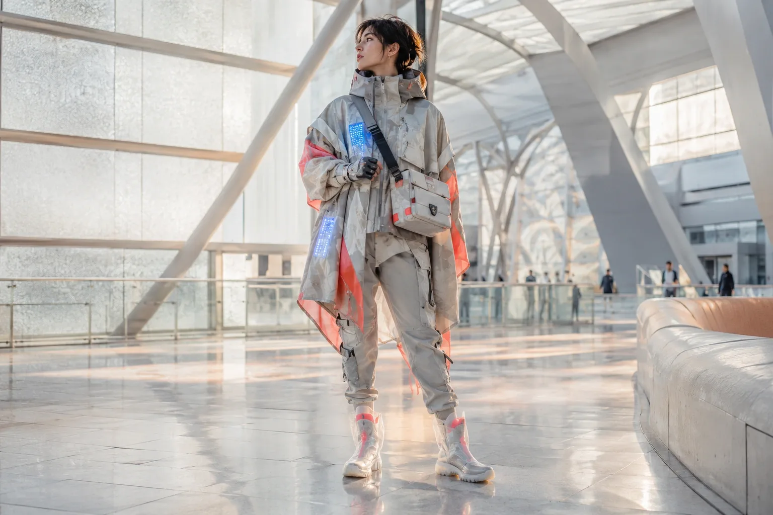 Anonymous near-future urban courier in an adaptive geometric smart-textile coat standing inside a bright metropolitan transit atrium.