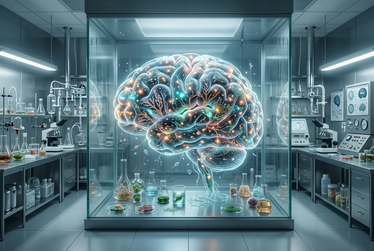 Transparent human brain with luminous neuron branches growing like a surreal neural garden inside a futuristic medical laboratory.