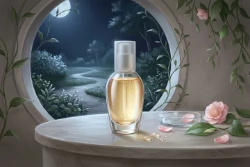 Glass facial serum bottle with botanical petals and leaves on a moonlit curved stone vanity rendered in Concept Art style.