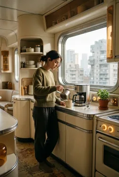 Young adult preparing morning coffee in a compact retro-futurist apartment with rounded cream appliances, chrome details, and warm amber lighting.