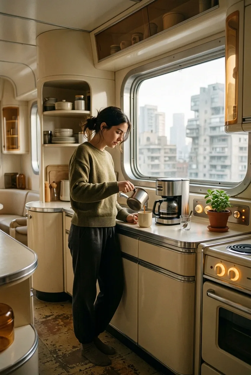 Young adult preparing morning coffee in a compact retro-futurist apartment with rounded cream appliances, chrome details, and warm amber lighting.
