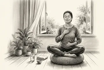 Charcoal drawing of an adult practicing morning breathwork on a floor cushion beside an open garden window with houseplants, water, and a folded towel.