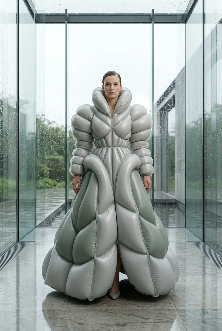 Fashion model wearing a pearl-gray and sage inflatable 3D puffer gown inside a rainlit glass atrium.