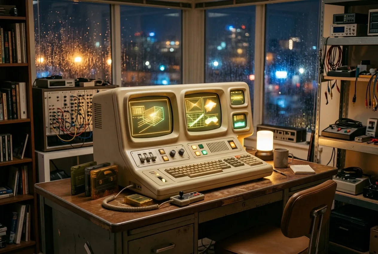Retro-futuristic home computing console with curved amber-green displays and analog controls inside a rainy night technology studio.