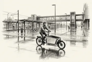 Charcoal drawing of an electric cargo bicycle courier crossing a rainy urban transit hub with wet pavement, covered platforms, bicycle racks, and an elevated pedestrian bridge.