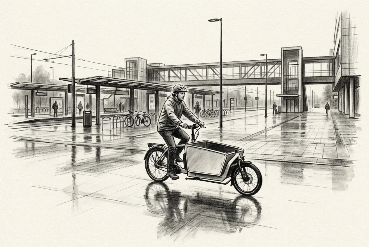 Charcoal drawing of an electric cargo bicycle courier crossing a rainy urban transit hub with wet pavement, covered platforms, bicycle racks, and an elevated pedestrian bridge.