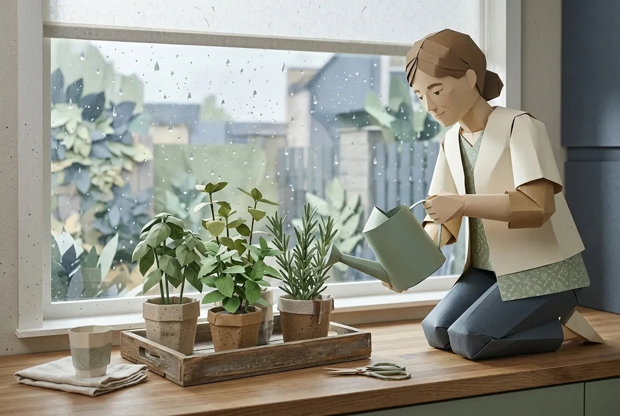 Person tending indoor kitchen herbs beside a rainy window in tactile Mixed Media Origami Style.