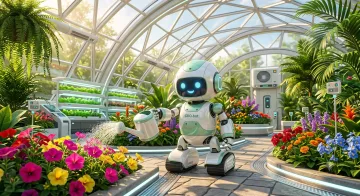 Cute robot gardener watering colorful flowers inside a bright futuristic greenhouse