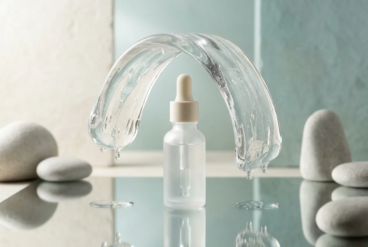 Unbranded frosted glass serum bottle standing beneath a surreal floating translucent gel arch over a reflective liquid surface.