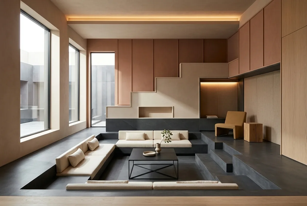 Graphic geometric interior with a sunken conversation lounge, sculptural reading nook, angular furniture, terracotta accents, and rhythmic wall panels.