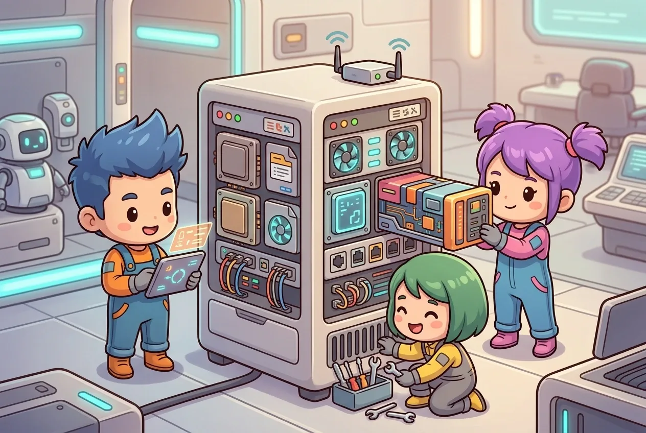 Chibi technicians maintaining a compact edge computing station with processors, cooling fans, sensor nodes, and glowing indicators in a futuristic workshop.
