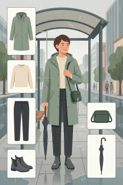 Graphic infographic illustration of a commuter wearing a sage modular raincoat outfit with layered clothing and weather-ready accessories arranged around the figure.