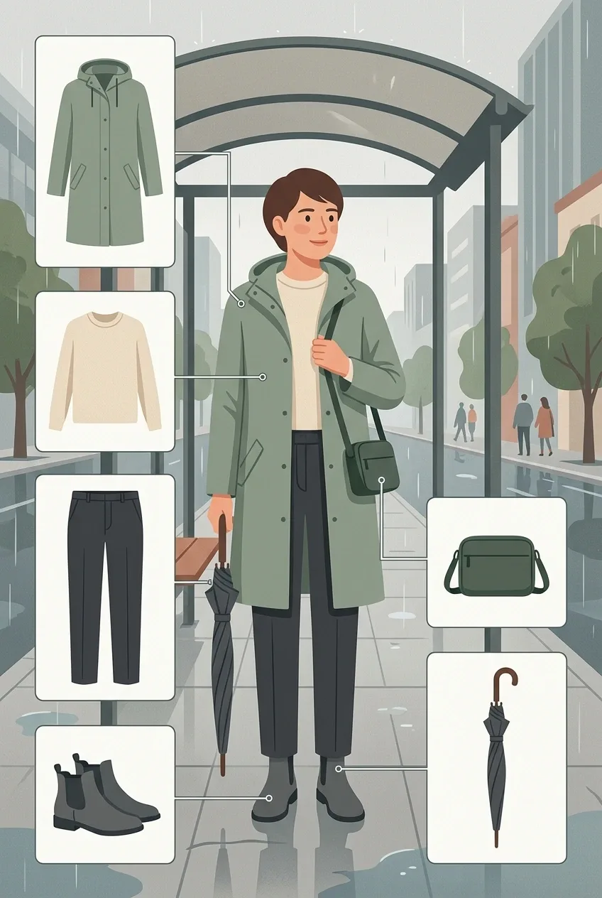 Graphic infographic illustration of a commuter wearing a sage modular raincoat outfit with layered clothing and weather-ready accessories arranged around the figure.
