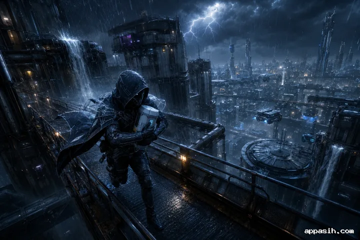 High-angle cinematic view of a hooded medical courier sprinting across an elevated bridge during a violent midnight storm while protecting a sealed delivery capsule.