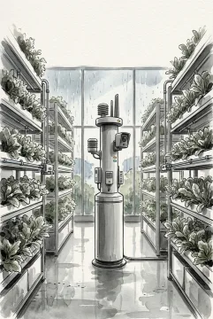 Ink wash drawing of an edge AI sensor tower monitoring leafy crops and irrigation systems inside a rainy vertical farm.