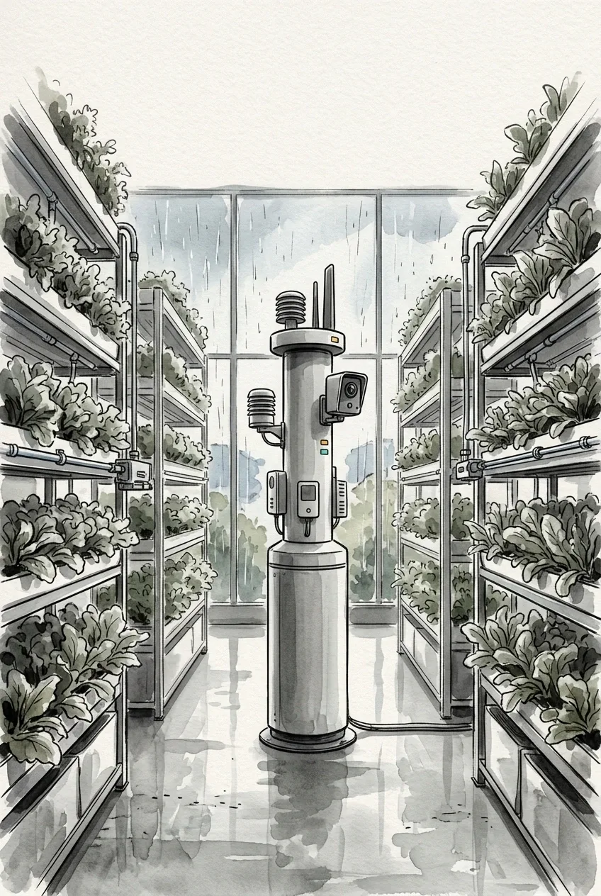 Ink wash drawing of an edge AI sensor tower monitoring leafy crops and irrigation systems inside a rainy vertical farm.