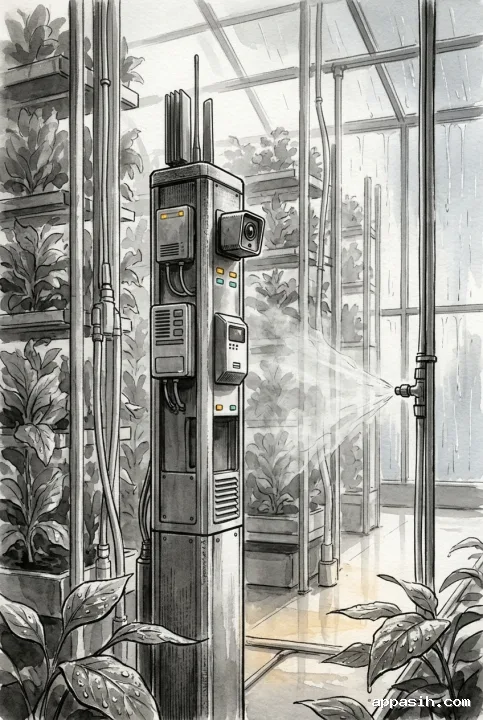 Closer ink wash drawing of an edge AI sensor tower beside misting crops and irrigation equipment in a rainy vertical farm.