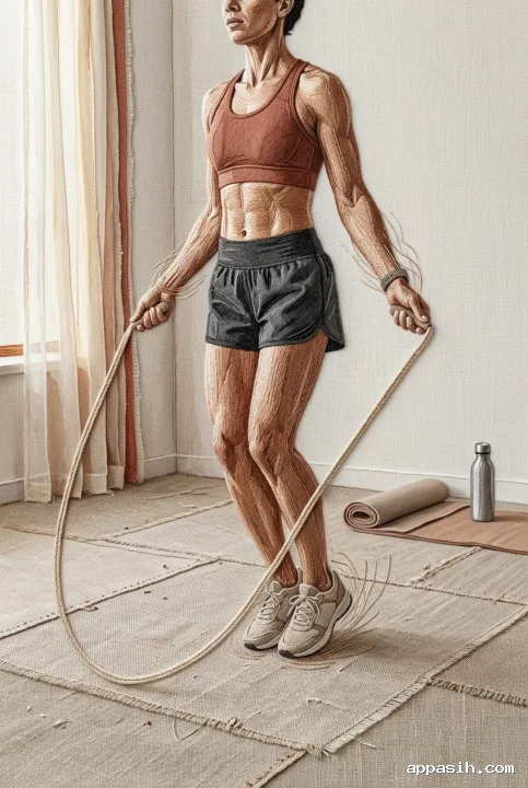 Jump rope athlete landing during cardio training in a minimalist studio, portrayed with layered fabric, raised cord embroidery, and detailed stitched textures.