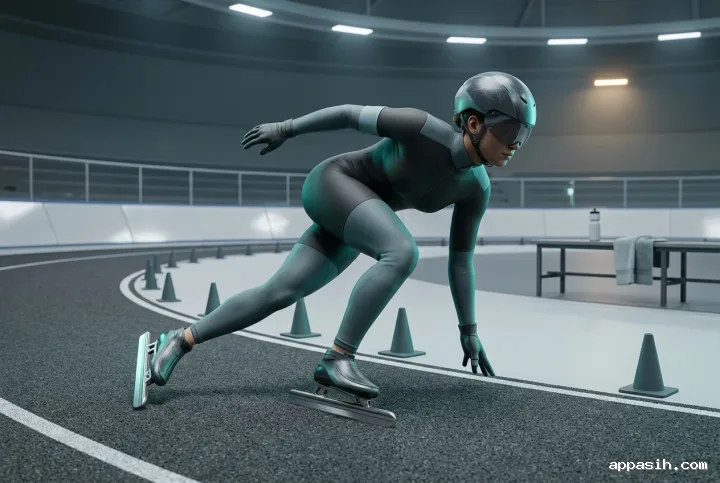 Detailed 3D render of the same speed skater accelerating out of a curved indoor sprint track turn with training cones, equipment bench, and sculpted arena lighting.