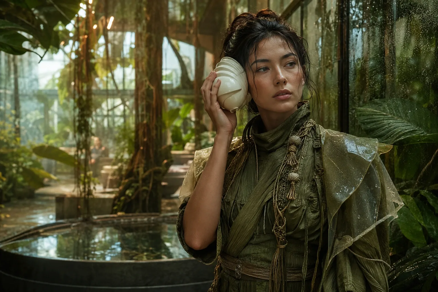 Anonymous bioacoustic researcher holding a ceramic listening instrument inside a misty urban rainforest observatory.