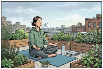 Young adult practicing mindful breathwork on a yoga mat in a rain-fresh rooftop herb garden, drawn as a colorful comic book cartoon.