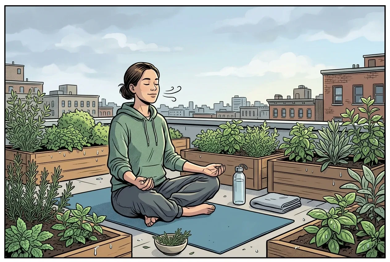 Young adult practicing mindful breathwork on a yoga mat in a rain-fresh rooftop herb garden, drawn as a colorful comic book cartoon.