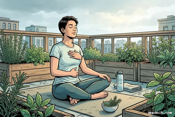 Young adult taking a slow mindful breath while seated on a yoga mat among wet herbs in a rooftop garden, illustrated in detailed comic book cartoon style.