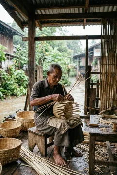 Traditional bamboo basket weaver handcrafting a woven basket inside a rain-dampened wooden village workshop.