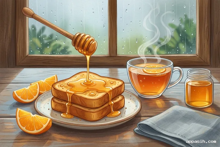 Detailed storybook illustration of honey dripping onto golden toast beside steaming citrus tea, orange slices, and a rainy kitchen window.