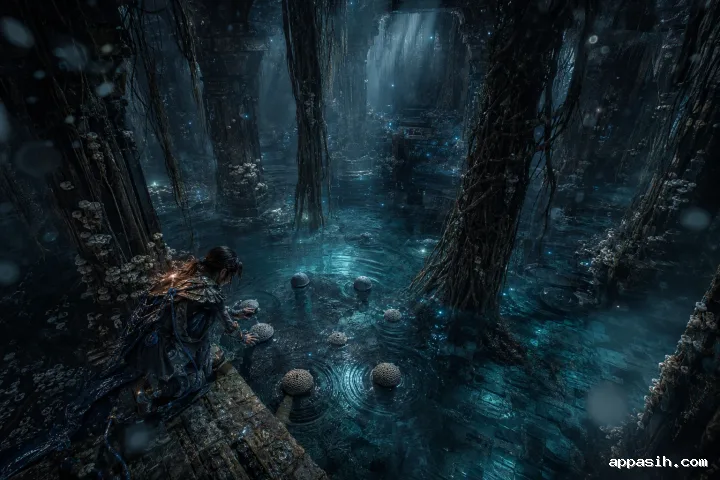 Overhead cinematic portrait of an anonymous jungle researcher arranging ceramic sound stones in a flooded underground root archive at midnight.