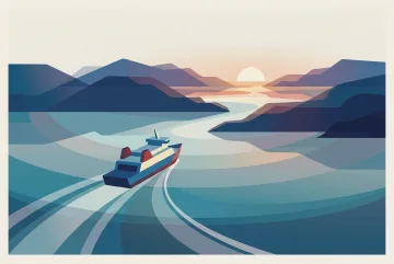 Abstract graphic of a small island ferry crossing calm water between geometric archipelago islands at dawn.