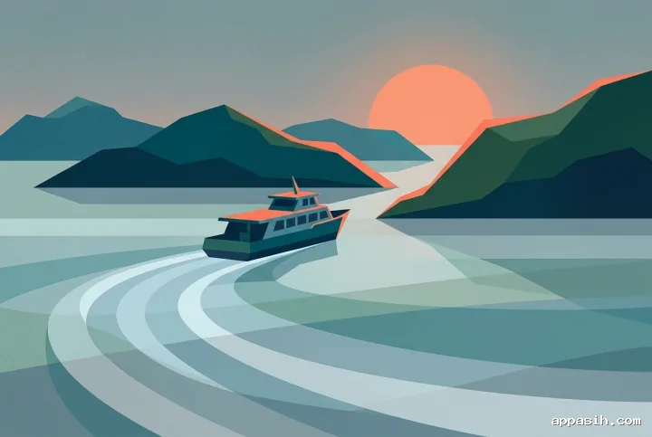 Closer abstract graphic view of a small island ferry turning toward a passage between geometric archipelago islands at dawn.