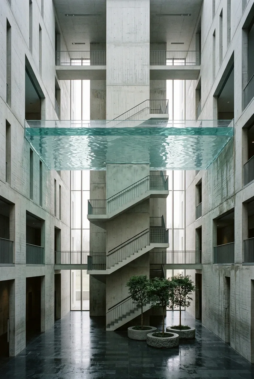 Surreal concrete archive atrium with a monumental staircase rising through a suspended indoor tide above a reflective stone floor.