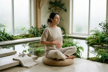 Woman practicing morning breathwork beside a shallow indoor water garden in a softly lit biophilic wellness retreat.