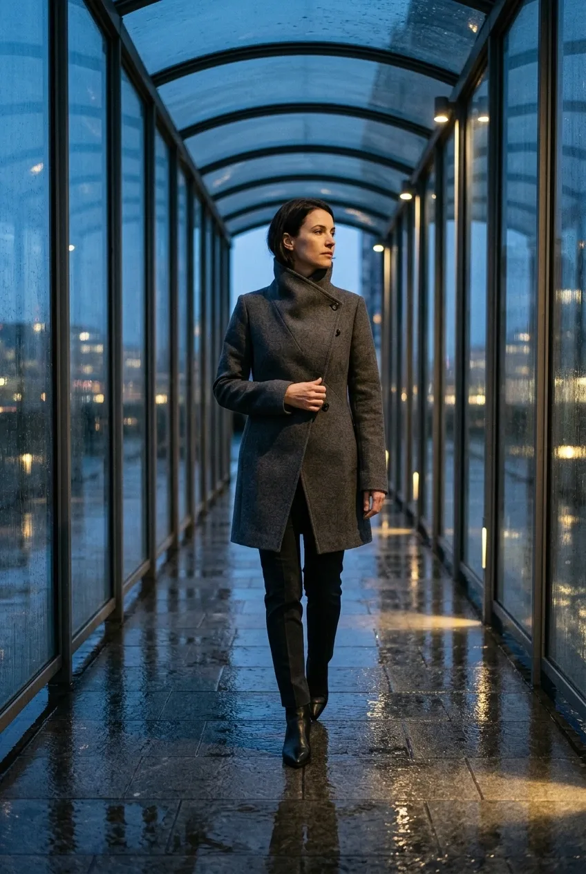 Cinematic fashion portrait of a model in a charcoal tailored coat walking along a rain-slicked glass walkway at blue hour.