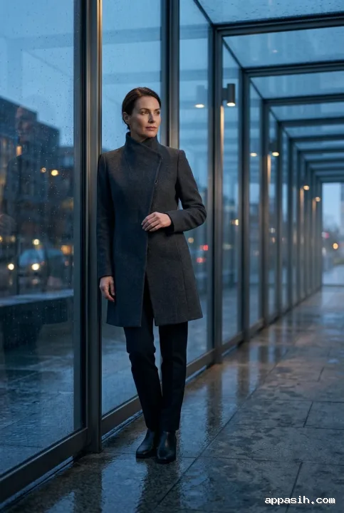 Cinematic editorial portrait of a model in a sculptural charcoal tailored coat pausing inside a rain-covered glass walkway at blue hour.