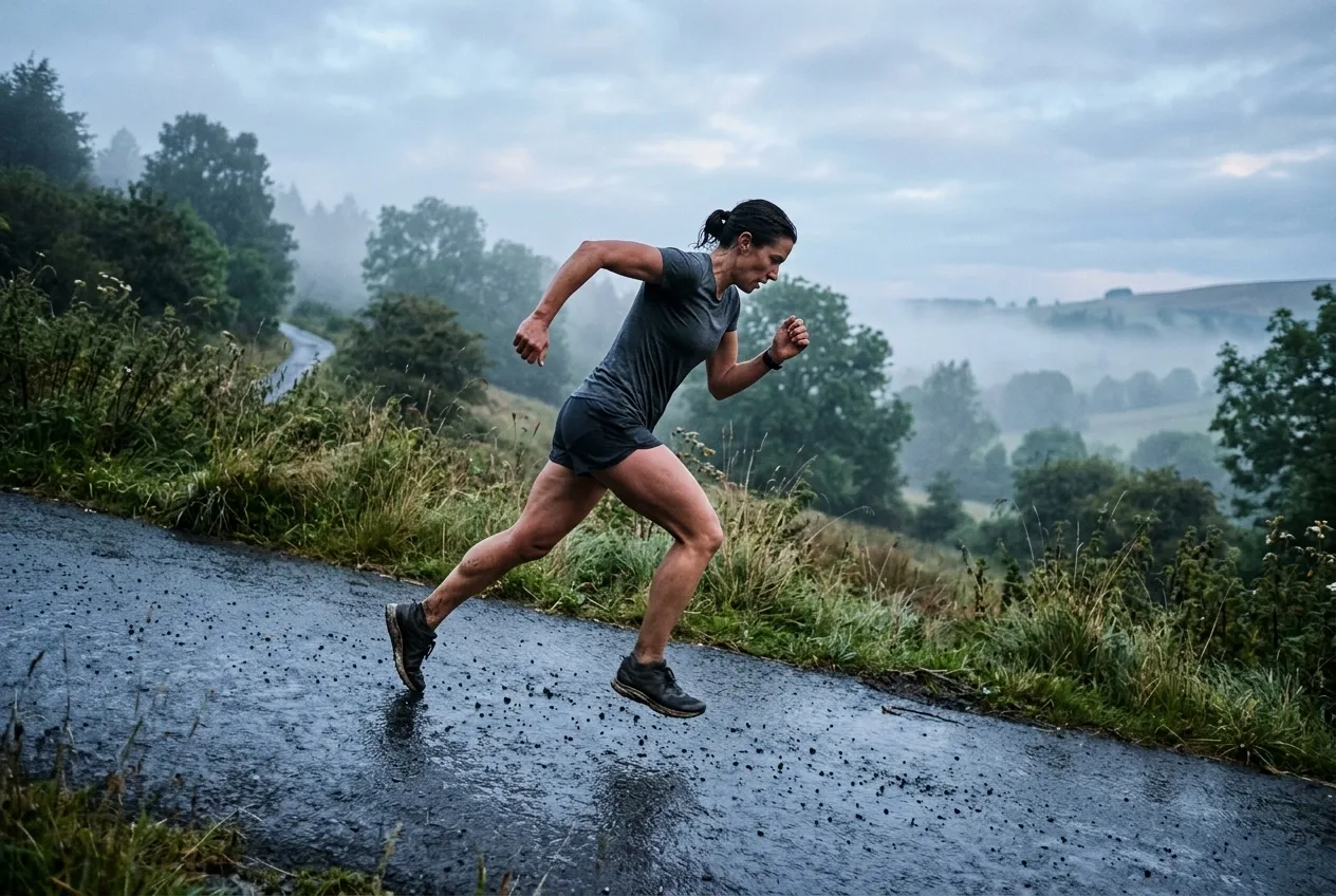 Athlete performing a steep hill sprint on a wet park path at misty dawn in Fine Art Photography.
