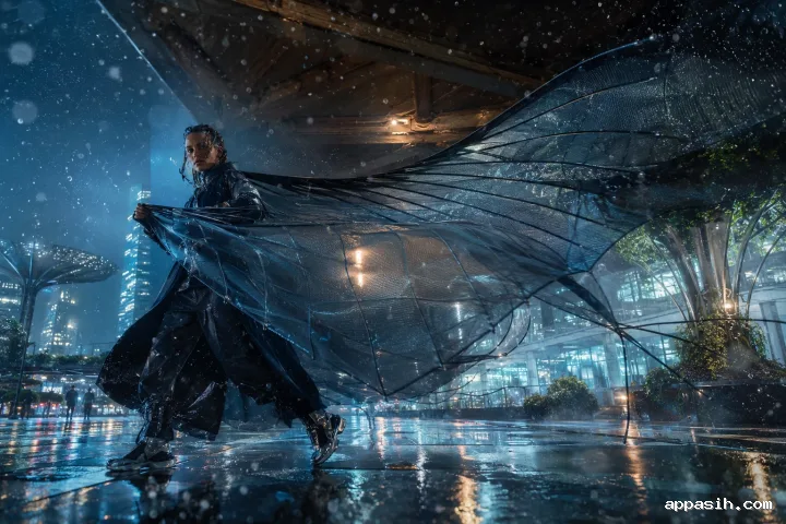 Anonymous privacy-fashion artisan deploying a vast light-diffusing mantle beneath a rain-swept metropolitan transit canopy at night.